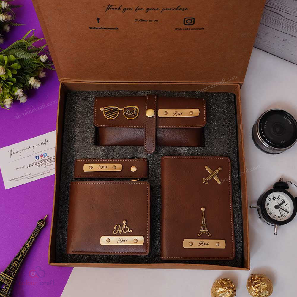 Premium Leather Wallet & Travel Combo Gift Set – Personalized with Name & Charms