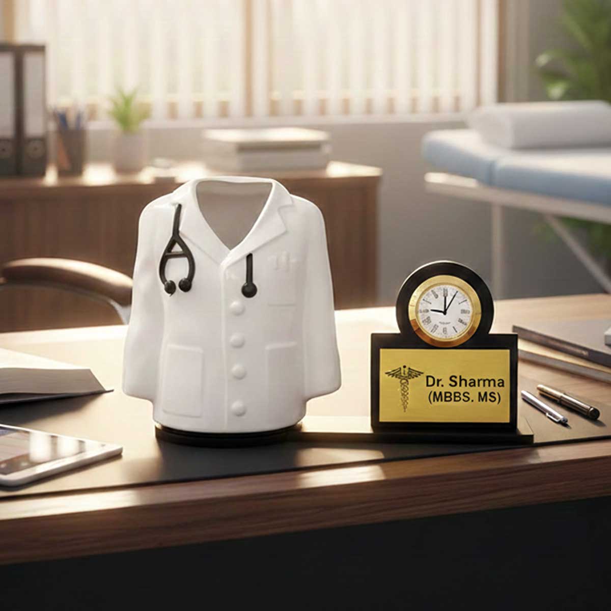 Personalized Doctor's Coat Desk Organizer & Name Plate with Clock
