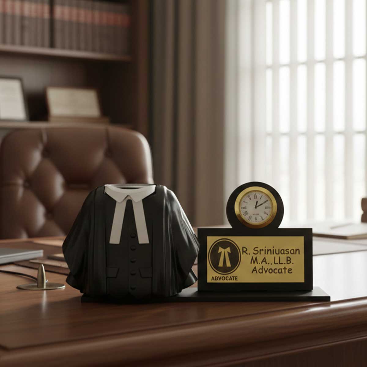Personalized Advocate Desk Gift Set - Lawyer's Gown Pen Holder with Clock & Name Plate