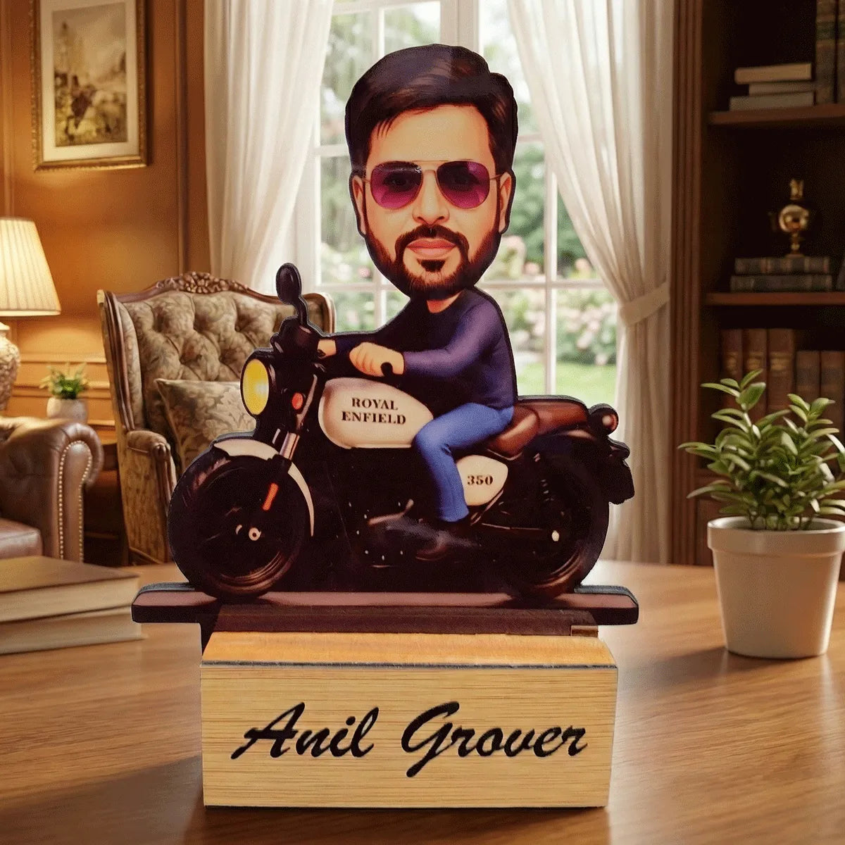 Custom Royal Enfield Motorcycle Caricature with Name – Unique Wooden Tabletop Gift for Him