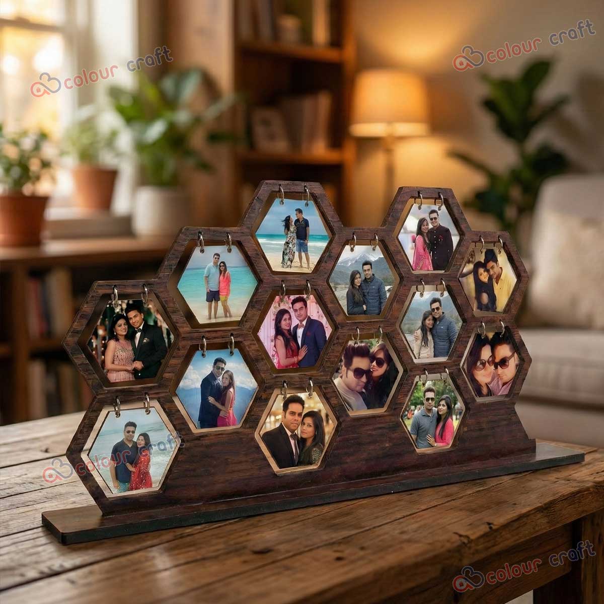 Personalized Wooden Hexagon Photo Frame | Multi Photo Collage Tabletop Home Décor