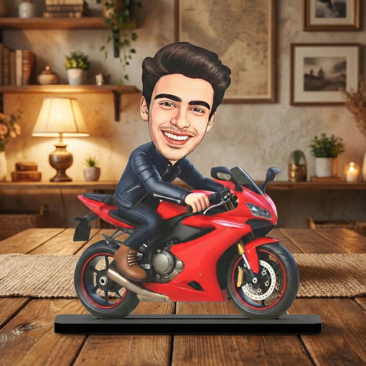 Personalized Motorcycle Rider Caricature Standee – Custom Photo Biker Gift for Him