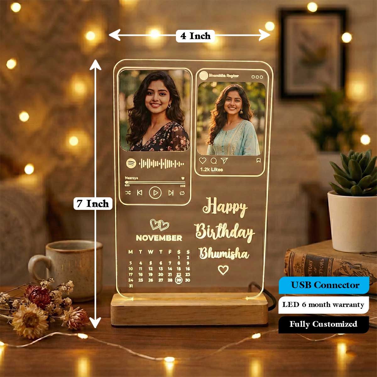 Personalized LED Acrylic Photo Lamp with Calendar & Music Player Design | Custom Birthday Gift for Him & Her