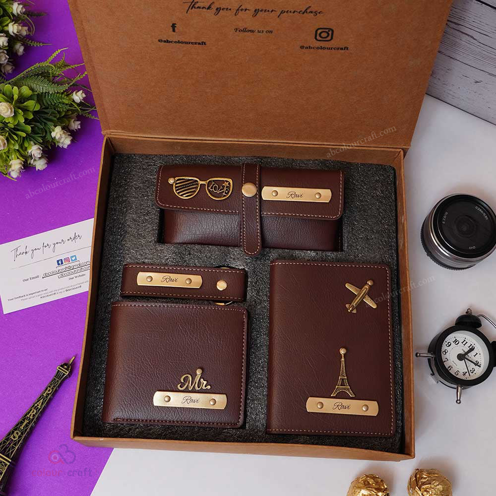 Premium Leather Wallet & Travel Combo Gift Set – Personalized with Name & Charms