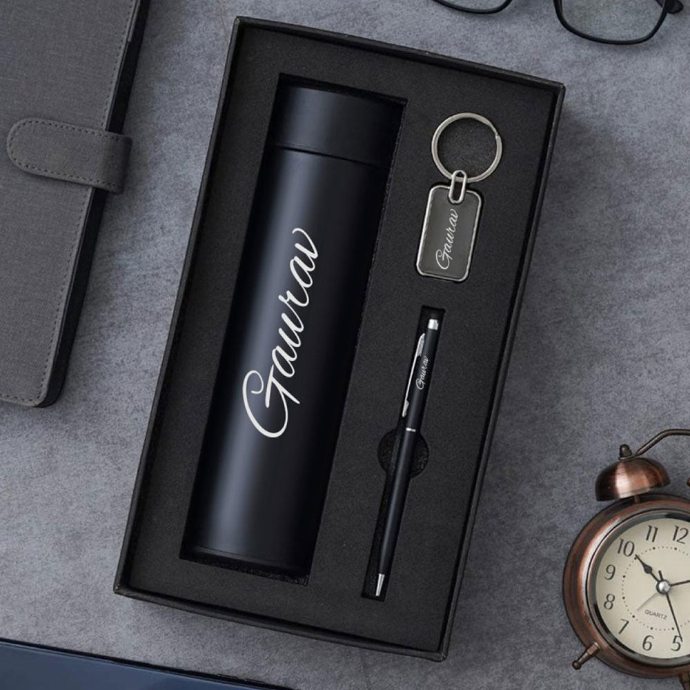 Personalized KeyChain, Pen And Temperature Water Bottle Combo