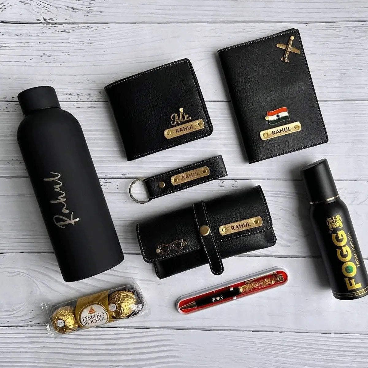 Luxury Birthday & Anniversary Gift Kit for Men – Personalized Black Wallet, Travel Accessories & Grooming Set with Name Engraving