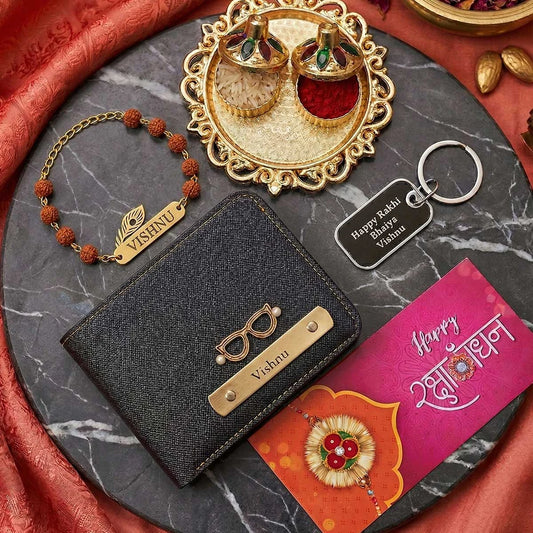Personalized Rakhi Gift Combo for Brother –Custom Name Wallet, Engraved Keychain & Rudraksha Rakhi Set with Roli Chawal