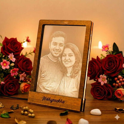 Customized Photo 3D Night Lamp with Wooden Frame – Custom Couple Memory Light