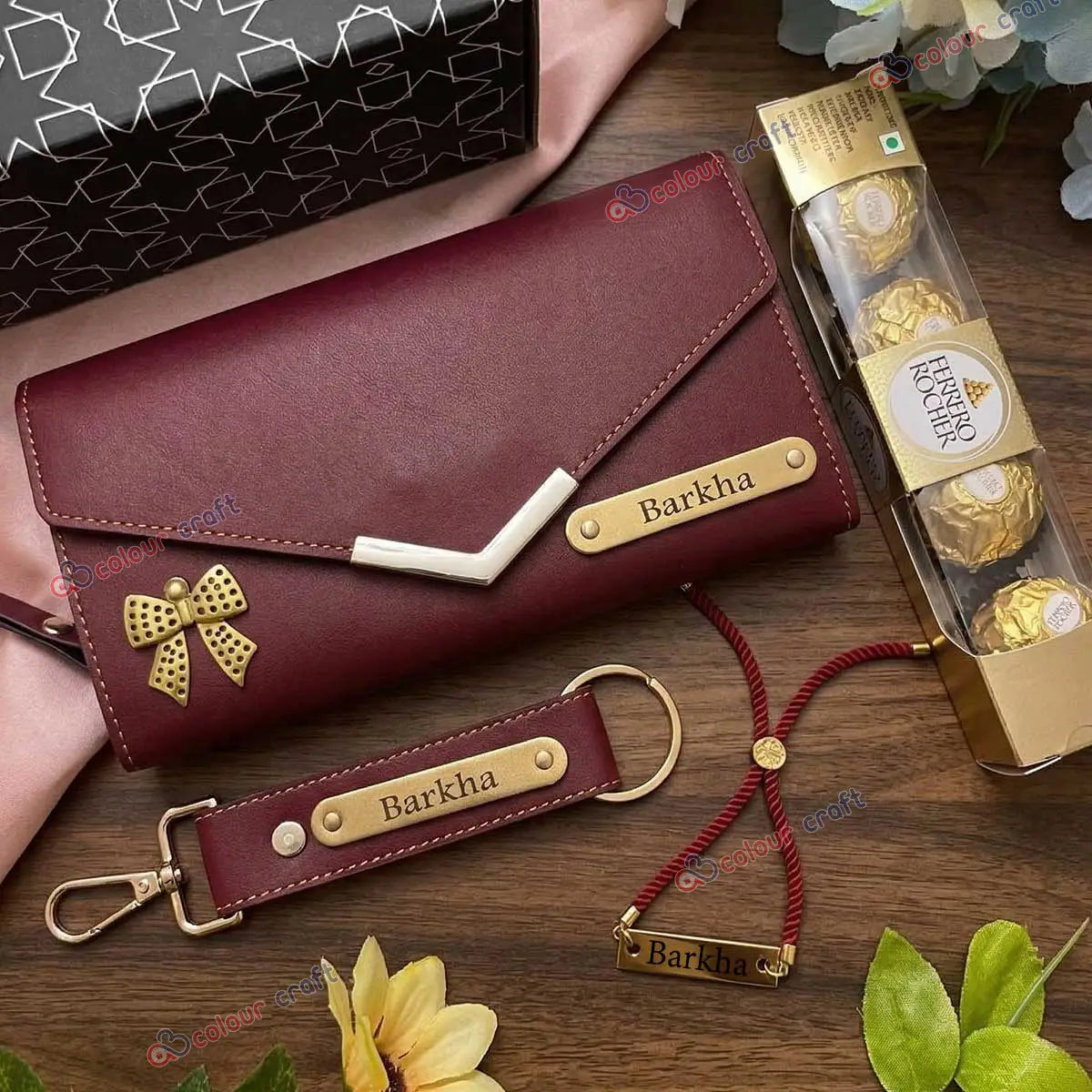 Personalized Women’s Gift Set with Name | Premium Leather Clutch Gift Box for Birthday, Anniversary, Rakhi Gift