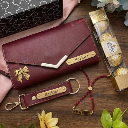 Personalized Women’s Gift Set with Name | Premium Leather Clutch Gift Box for Birthday, Anniversary, Rakhi Gift