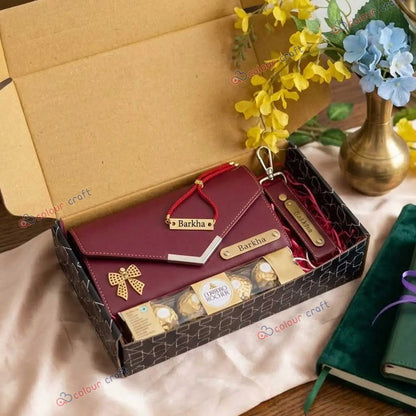 Personalized Women’s Gift Set with Name | Premium Leather Clutch Gift Box for Birthday, Anniversary, Rakhi Gift