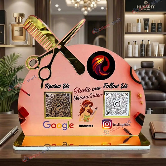 Custom QR Code Acrylic Salon Stand | Unisex Salon Tabletop Branding Sign