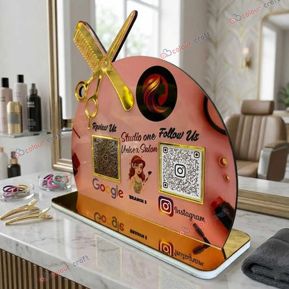 Custom QR Code Acrylic Salon Stand | Unisex Salon Tabletop Branding Sign