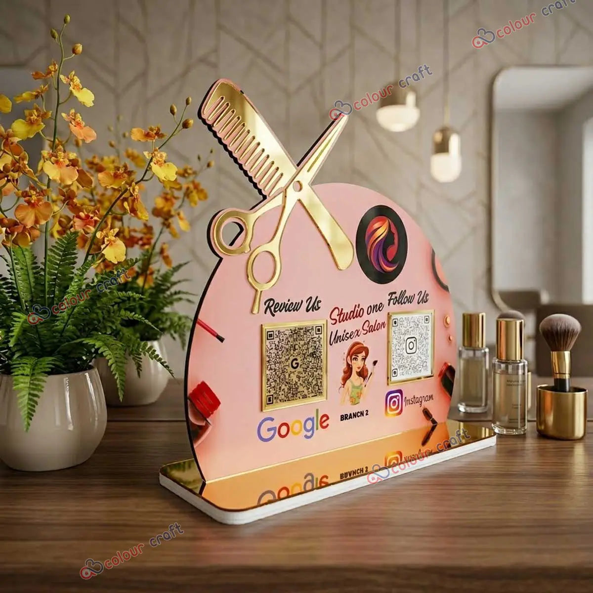 Custom QR Code Acrylic Salon Stand | Unisex Salon Tabletop Branding Sign
