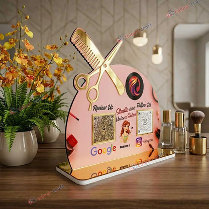 Custom QR Code Acrylic Salon Stand | Unisex Salon Tabletop Branding Sign