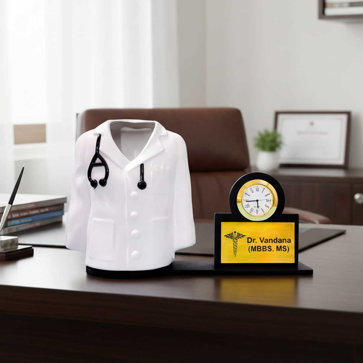 Personalized Doctor's Coat Desk Organizer & Name Plate with Clock