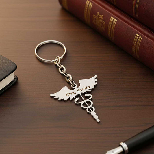 Personalized Doctor Caduceus Metal Keychain - Engraved Gift