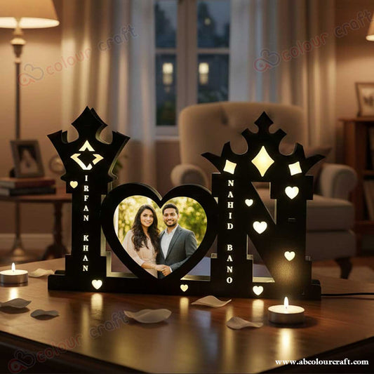 Wooden LED Photo Frame with Names (A-Z) & Heart Shape - Personalized Gift