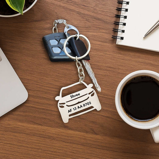 Customized Car Shape Metal Keychain with Name & Number Plate | Personalized Vehicle Key Ring | Unique Gift for Car Lovers | A B Colour Craft