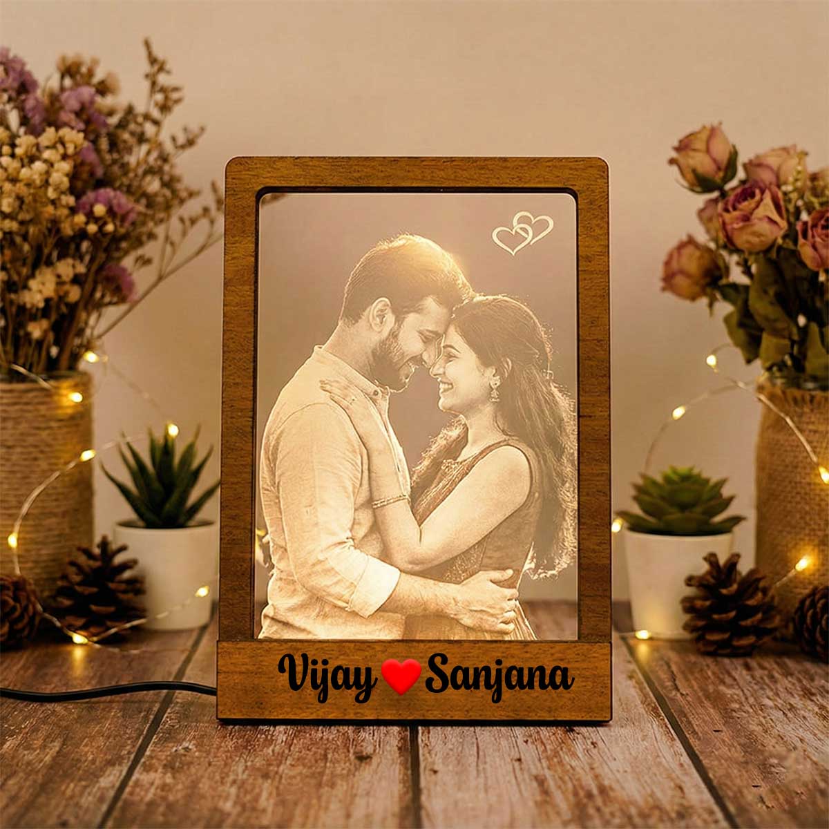 Customized Photo 3D Night Lamp with Wooden Frame – Custom Couple Memory Light