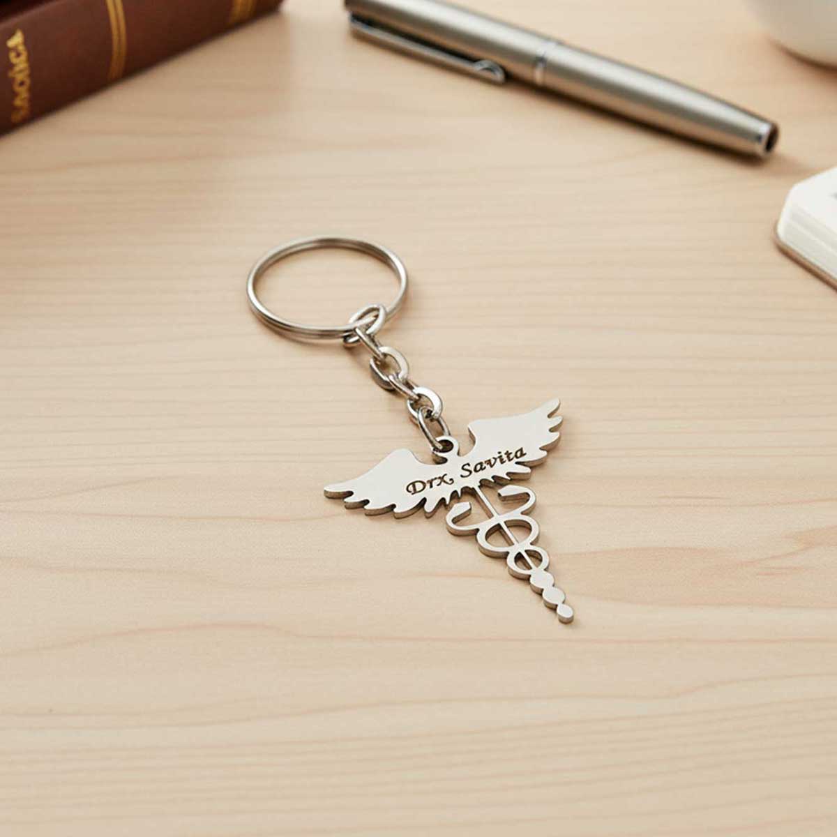Personalized Doctor Caduceus Metal Keychain - Engraved Gift