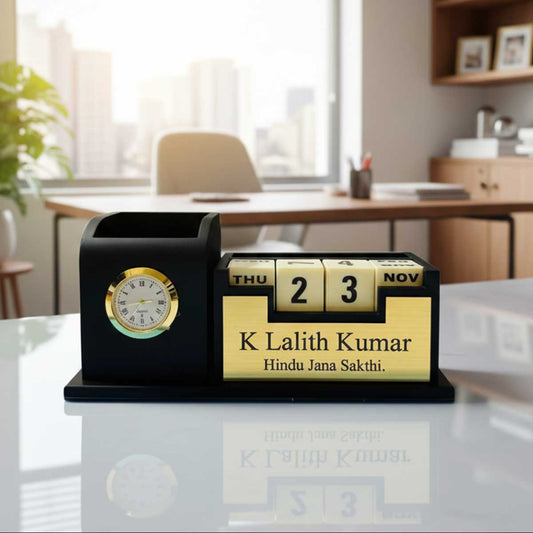 Custom Engraved Desk Organizer Set with Perpetual Calendar & Clock | Personalized Corporate Gift
