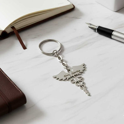 Personalized Doctor Caduceus Metal Keychain - Engraved Gift