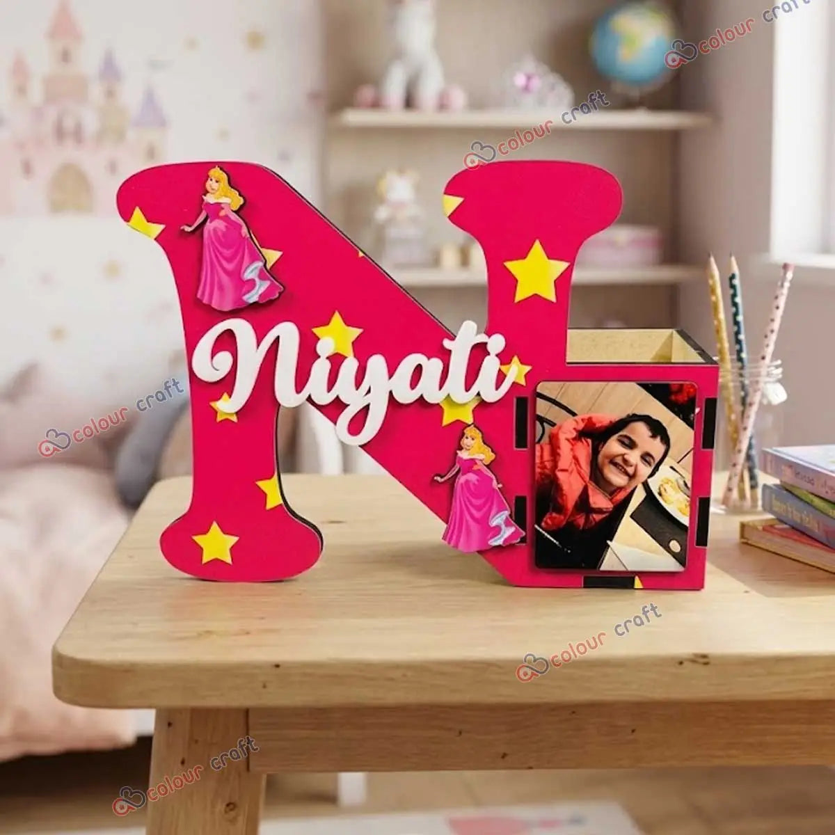 Personalized Wooden Alphabet Pen Stand with Photo Frame for Kids |Birthday Return Gift for Boys & Girls
