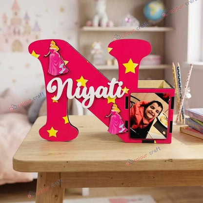 Personalized Wooden Alphabet Pen Stand with Photo Frame for Kids |Birthday Return Gift for Boys & Girls
