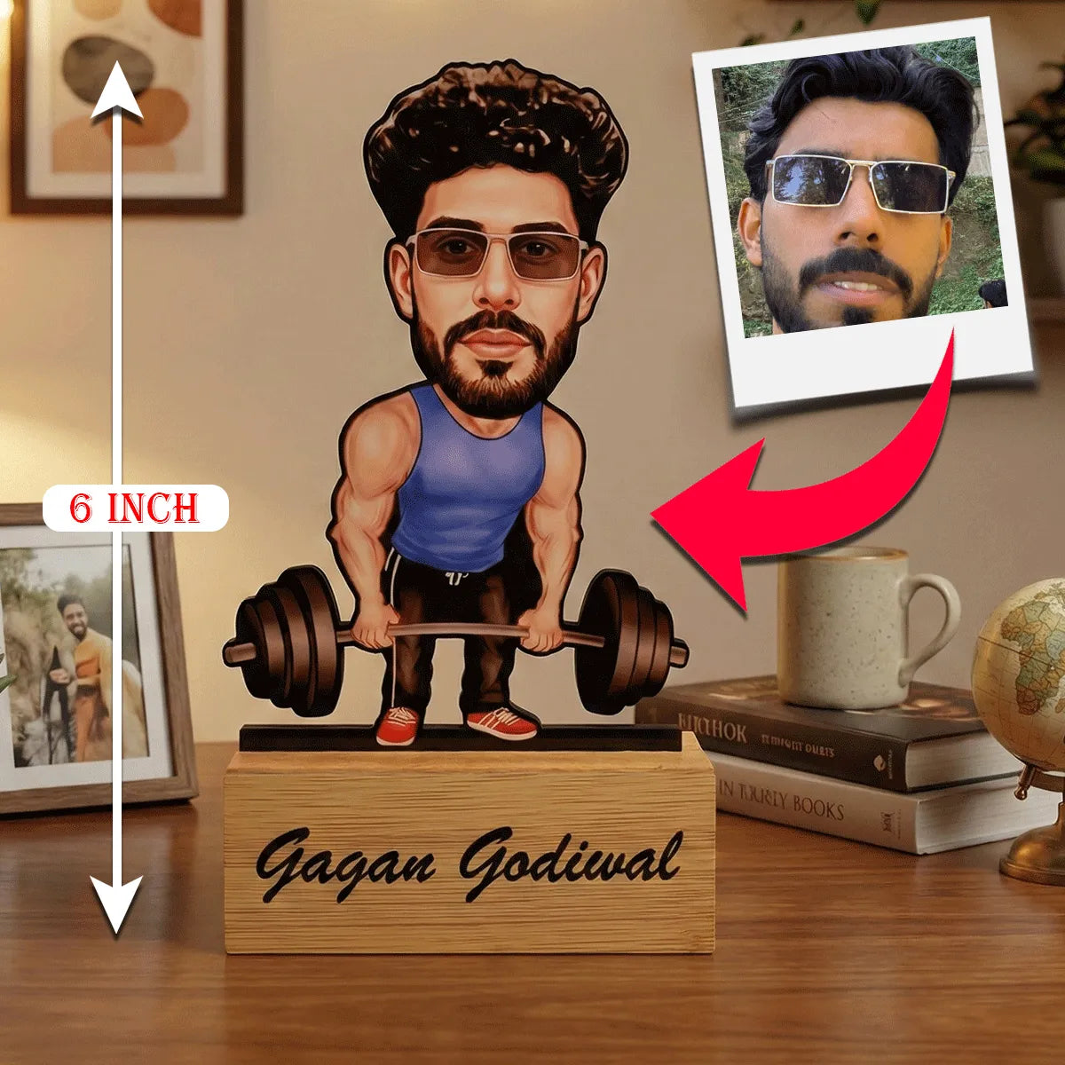Custom Bodybuilder Caricature Stand – Personalized Gym Freak Gift with Name Base