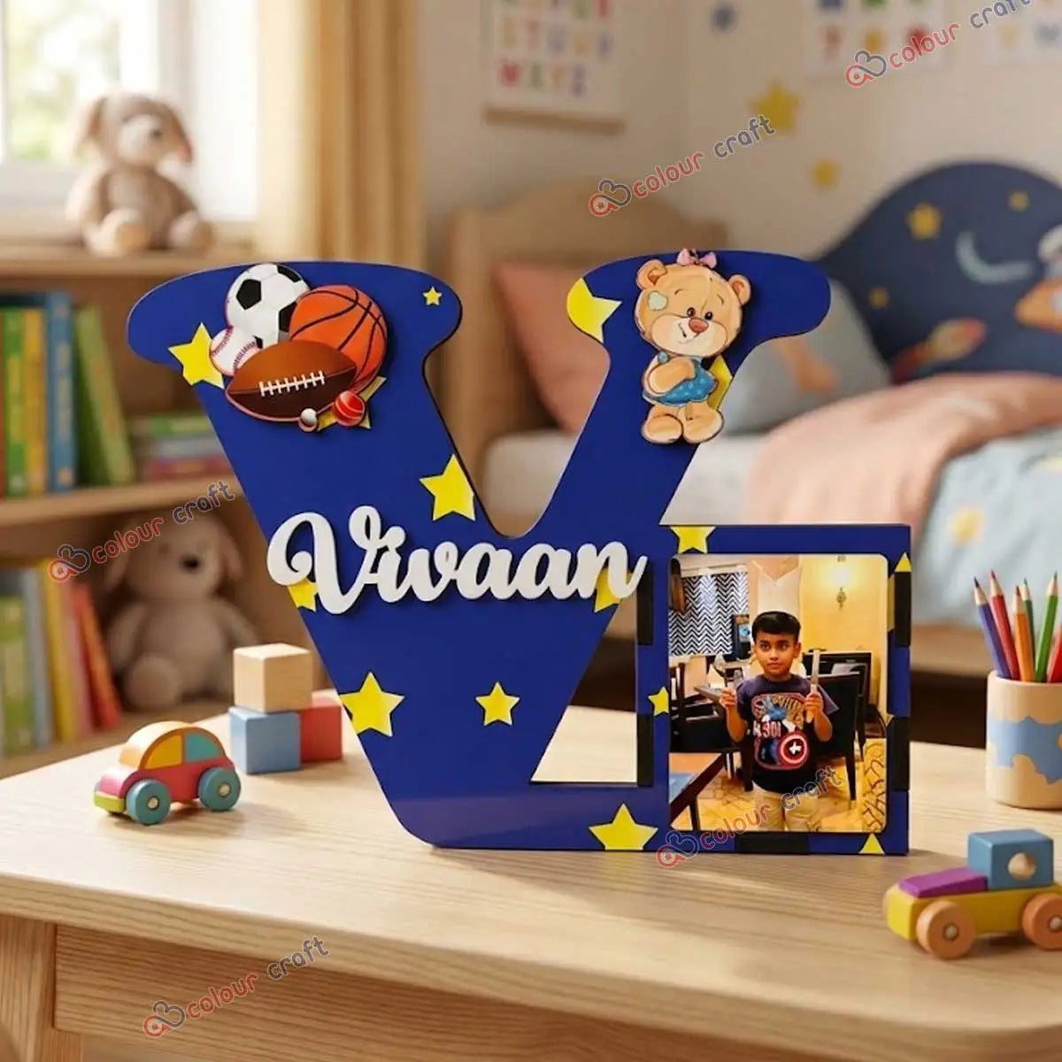 Personalized Wooden Alphabet Pen Stand with Photo Frame for Kids |Birthday Return Gift for Boys & Girls