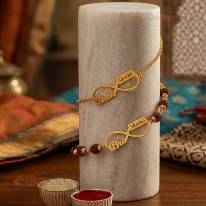 Personalized Infinity Name Rakhi Set for Brother & Bhabhi
