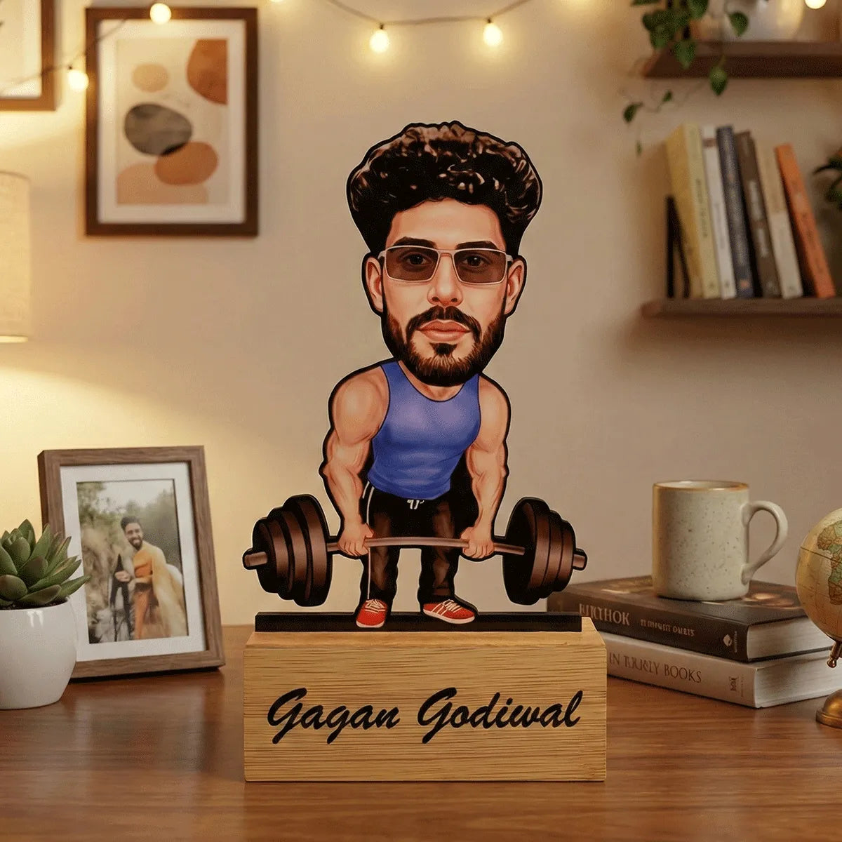 Custom Bodybuilder Caricature Stand – Personalized Gym Freak Gift with Name Base