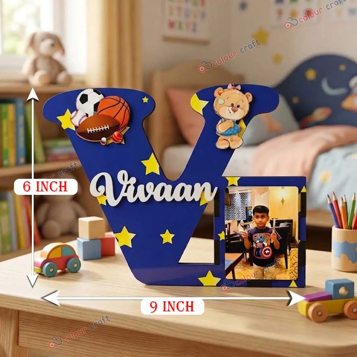 Personalized Wooden Alphabet Pen Stand with Photo Frame for Kids |Birthday Return Gift for Boys & Girls