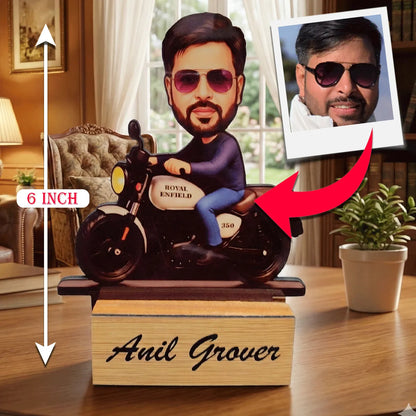 Custom Royal Enfield Motorcycle Caricature with Name – Unique Wooden Tabletop Gift for Him