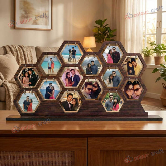 Personalized Wooden Hexagon Photo Frame | Multi Photo Collage Tabletop Home Décor