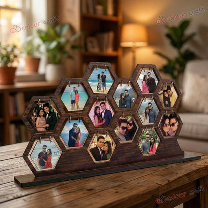 Personalized Wooden Hexagon Photo Frame | Multi Photo Collage Tabletop Home Décor