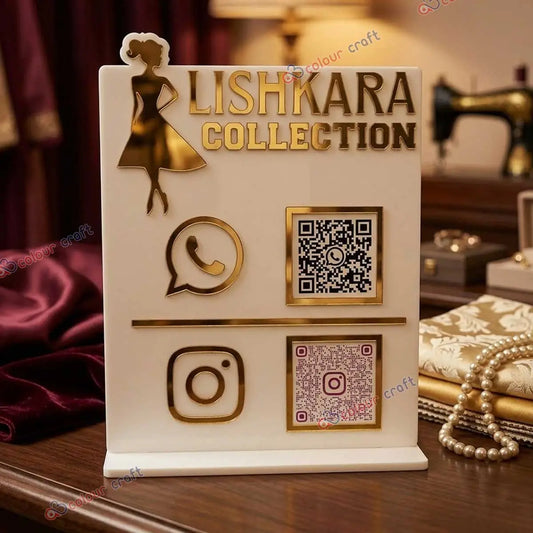 Premium Boutique & Salon Counter Decor | Custom Gold Acrylic QR Code Stand