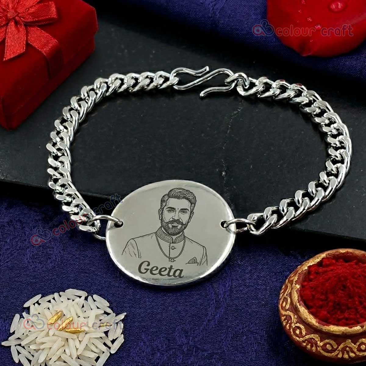 Personalized Photo & Name Engraved Silver Bracelet Rakhi