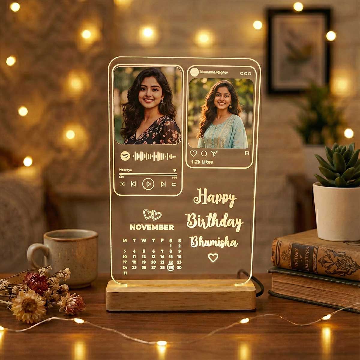 Personalized LED Acrylic Photo Lamp with Calendar & Music Player Design | Custom Birthday Gift for Him & Her