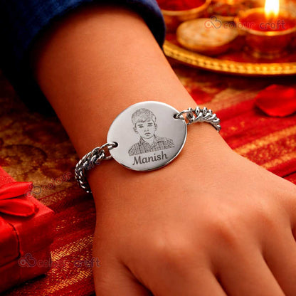 Personalized Photo & Name Engraved Silver Bracelet Rakhi