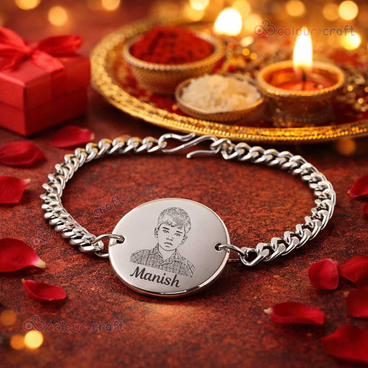 Personalized Photo & Name Engraved Silver Bracelet Rakhi