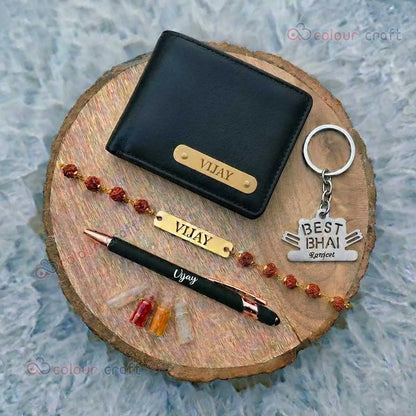 Personalized Rakhi Gift Combo for Brother – Custom Name Wallet, Rakhi, Pen & Best Bhai Keychain Gift Set