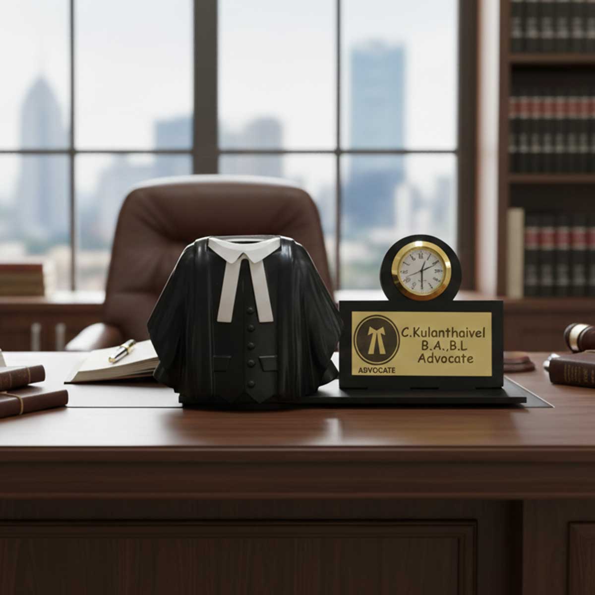 Personalized Advocate Desk Gift Set - Lawyer's Gown Pen Holder with Clock & Name Plate