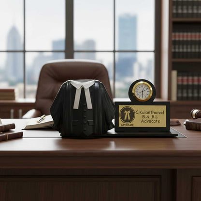 Personalized Advocate Desk Gift Set - Lawyer's Gown Pen Holder with Clock & Name Plate