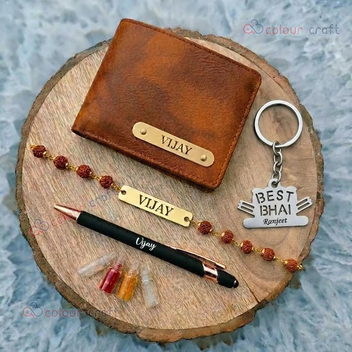 Personalized Rakhi Gift Combo for Brother – Custom Name Wallet, Rakhi, Pen & Best Bhai Keychain Gift Set