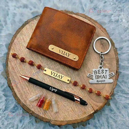 Personalized Rakhi Gift Combo for Brother – Custom Name Wallet, Rakhi, Pen & Best Bhai Keychain Gift Set