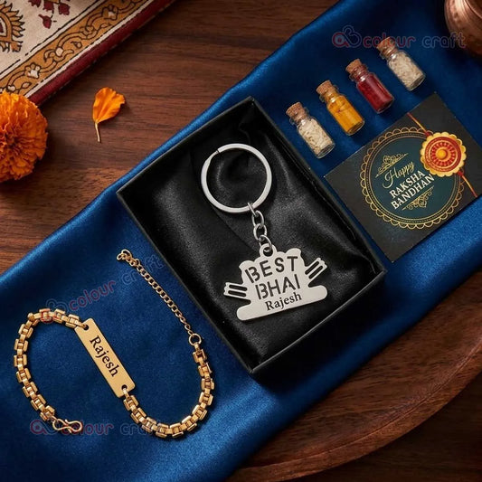 Personalized Best Bhai Name Keychain & Engraved Bracelet Rakhi Combo with Roli Chawal