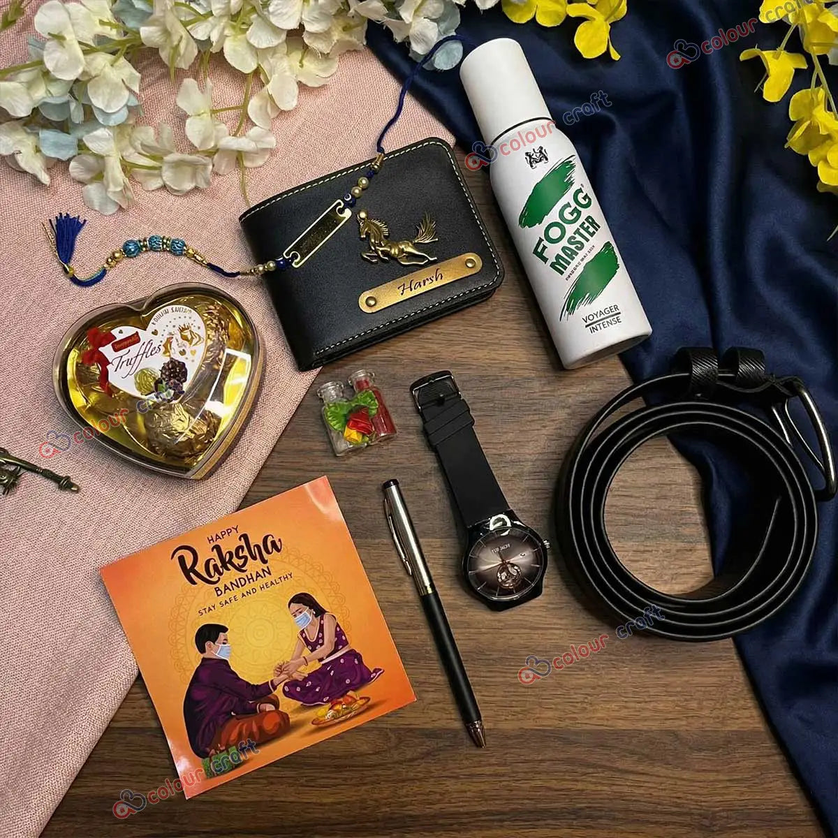 Premium Raksha Bandhan Gift Hamper for Brother – Personalized Wallet, Watch, Belt, Perfume & Chocolates Gift Set