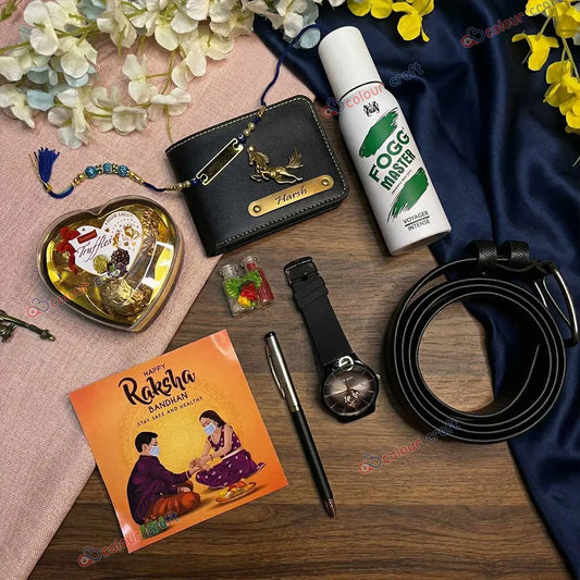 Premium Raksha Bandhan Gift Hamper for Brother – Personalized Wallet, Watch, Belt, Perfume & Chocolates Gift Set